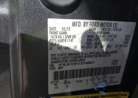 2012 Ford Expedition El Xlt from USA, damaged, VIN 1FMJK1H51CEF48807